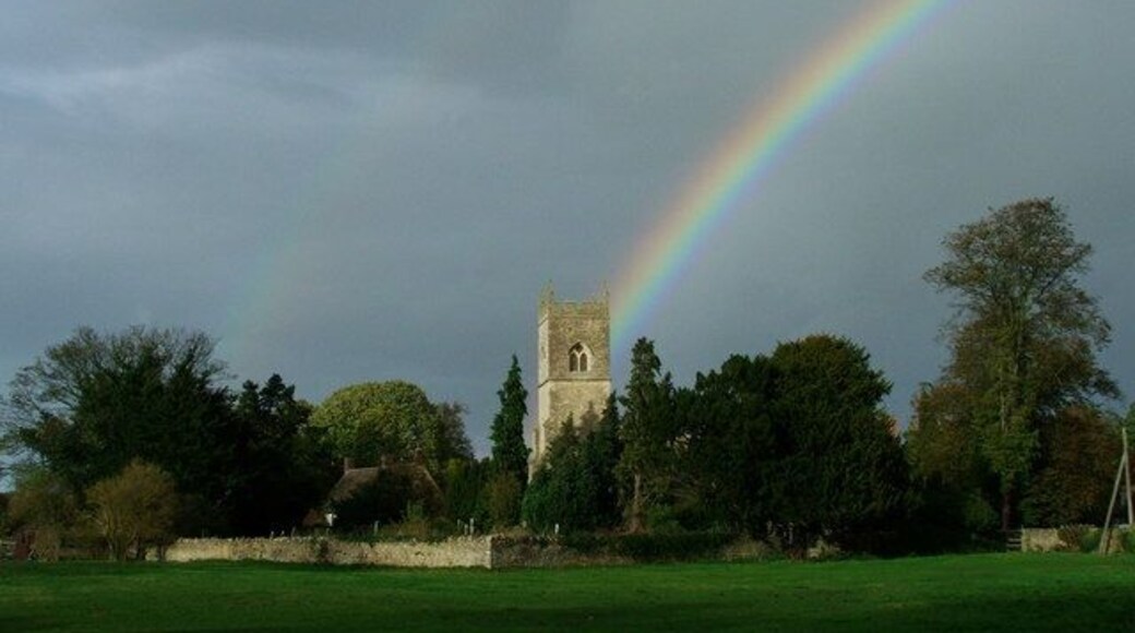 A double rainbow behind the tower of St Mary and St Edburga's parish church, Stratton Audley, Oxfordshire