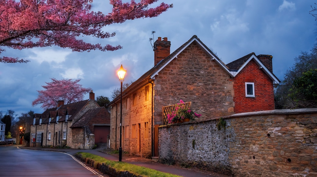 A charming evening in Iffley, Oxford, with historic Cotswold stone cottages, glowing streetlights, and vibrant cherry blossoms in spring season, UK