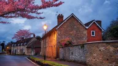 A charming evening in Iffley, Oxford, with historic Cotswold stone cottages, glowing streetlights, and vibrant cherry blossoms in spring season, UK