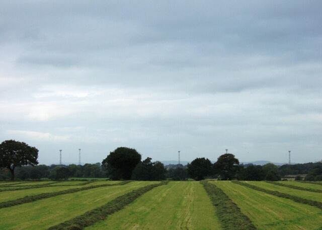 Farmland near Weston The wide swathes of mown grass suggest tracks leading towards the Crewe railway marshalling yards which lie under the pylons on the horizon.