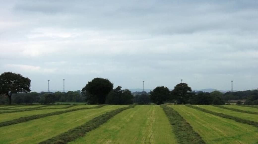Farmland near Weston The wide swathes of mown grass suggest tracks leading towards the Crewe railway marshalling yards which lie under the pylons on the horizon.
