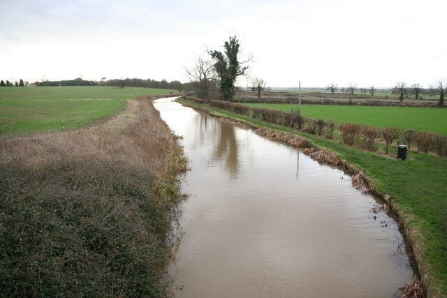A narrow water channel with grassy banks and a tree in the distance.