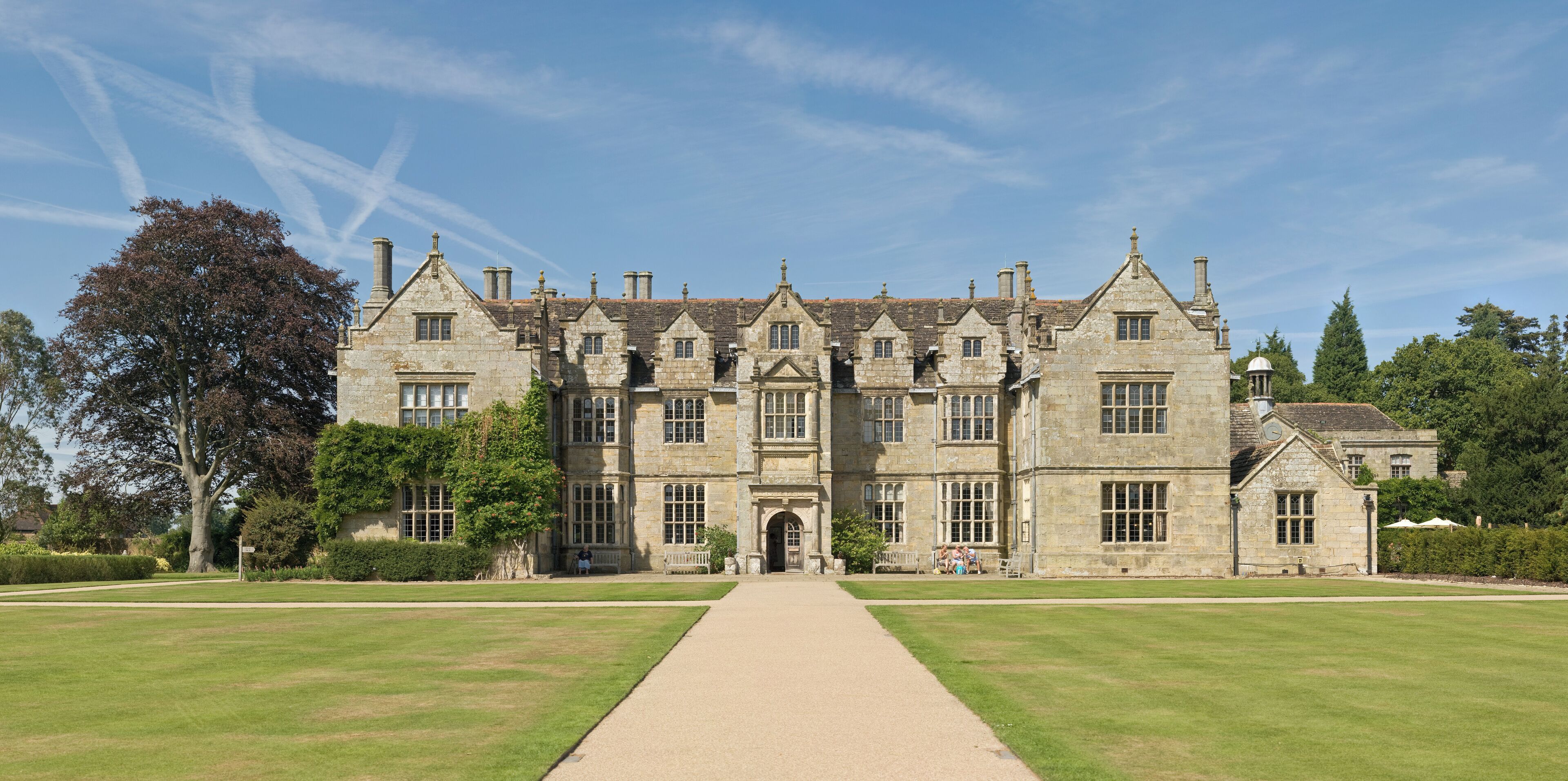 A stitched panoramic 2x5 image of Wakehurst Place Mansion in West Sussex, England. Taken by myself with a Canon 5D and 70-200mm f/2.8L at 70mm.