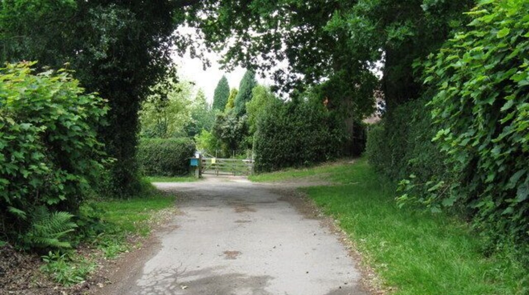 Entrance to house near Moaps Farm The footpath leaves the metalled road at this point and turns right by the large Sweet Chestnut trees