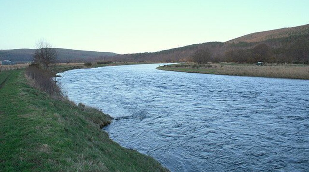 Downstream opposite Lower Arndilly. A salmon fisher is seen as a small dot by the far river bank in the distance.