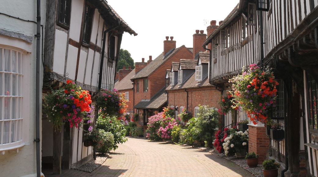 Half Timbered, Black & White Houses in Shakespeare's Country Malt Mill Lane Alcester Warwickshire, UK. Hanging baskets & floral blooms in High Summer.