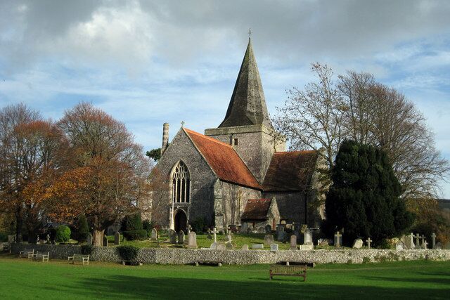 St Andrew's parish church, Alfriston, East Sussex, seen from the southwest