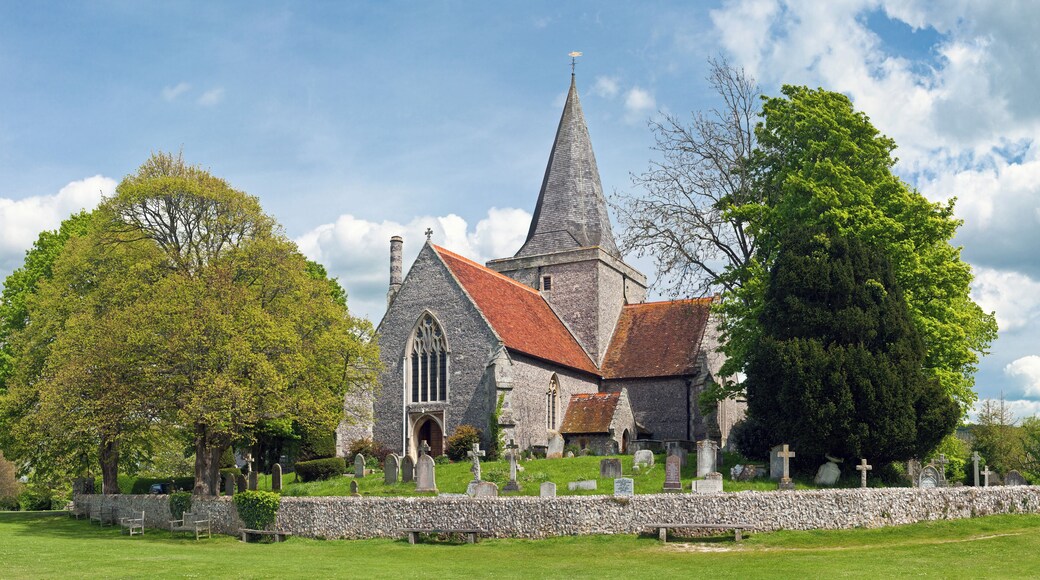 St Andrew's parish church, Alfriston, East Sussex, seen from the southwest. 3 by 5 segment stitched panoramic image taken by myself with a Canon 5D and 70-200mm f/2.8L lens at 70mm.