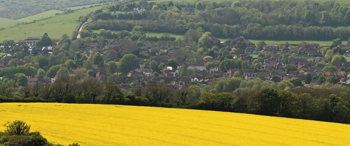 A rural landscape with a village nestled among rolling hills and fields of yellow flowers.