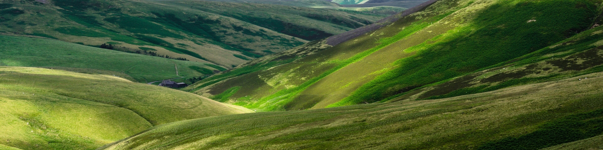 Rolling green hills with a valley and a distant mountain range under a cloudy sky.