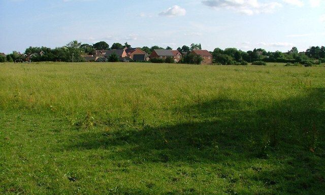 Un campo verde con casas al fondo.