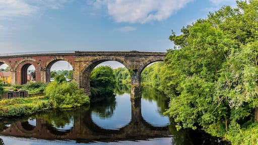 A panorama view from the road bridge towards the railway viaduct at Yarm, Yorkshire, UK in summertime