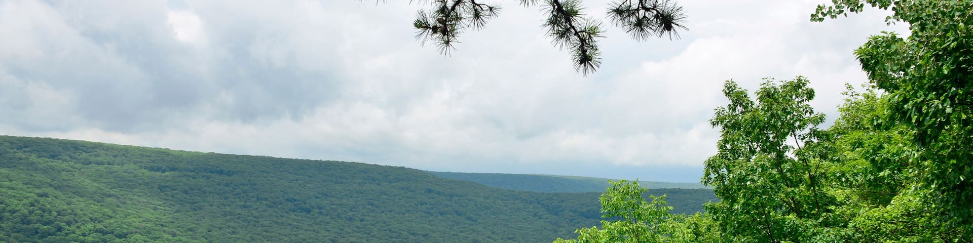 A stone viewing platform overlooking a lake surrounded by dense forest.