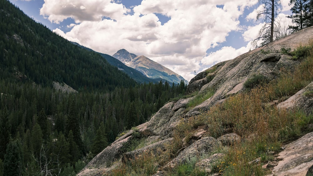 A mountainous landscape with dense forests, rocky terrain, and a prominent mountain peak in the background.