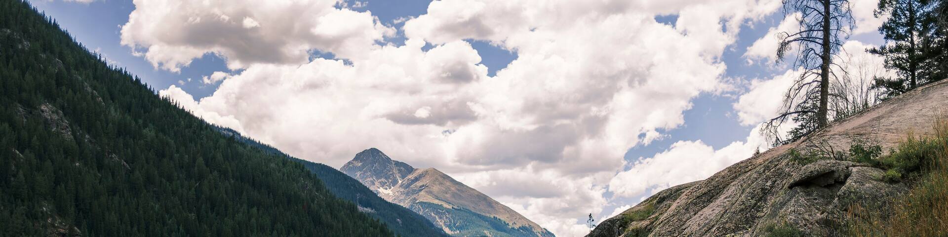 A mountainous landscape with dense forests, rocky terrain, and a prominent mountain peak in the background.