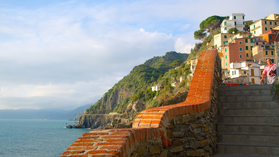 Riomaggiore som inkluderar kustutsikter och en kuststad