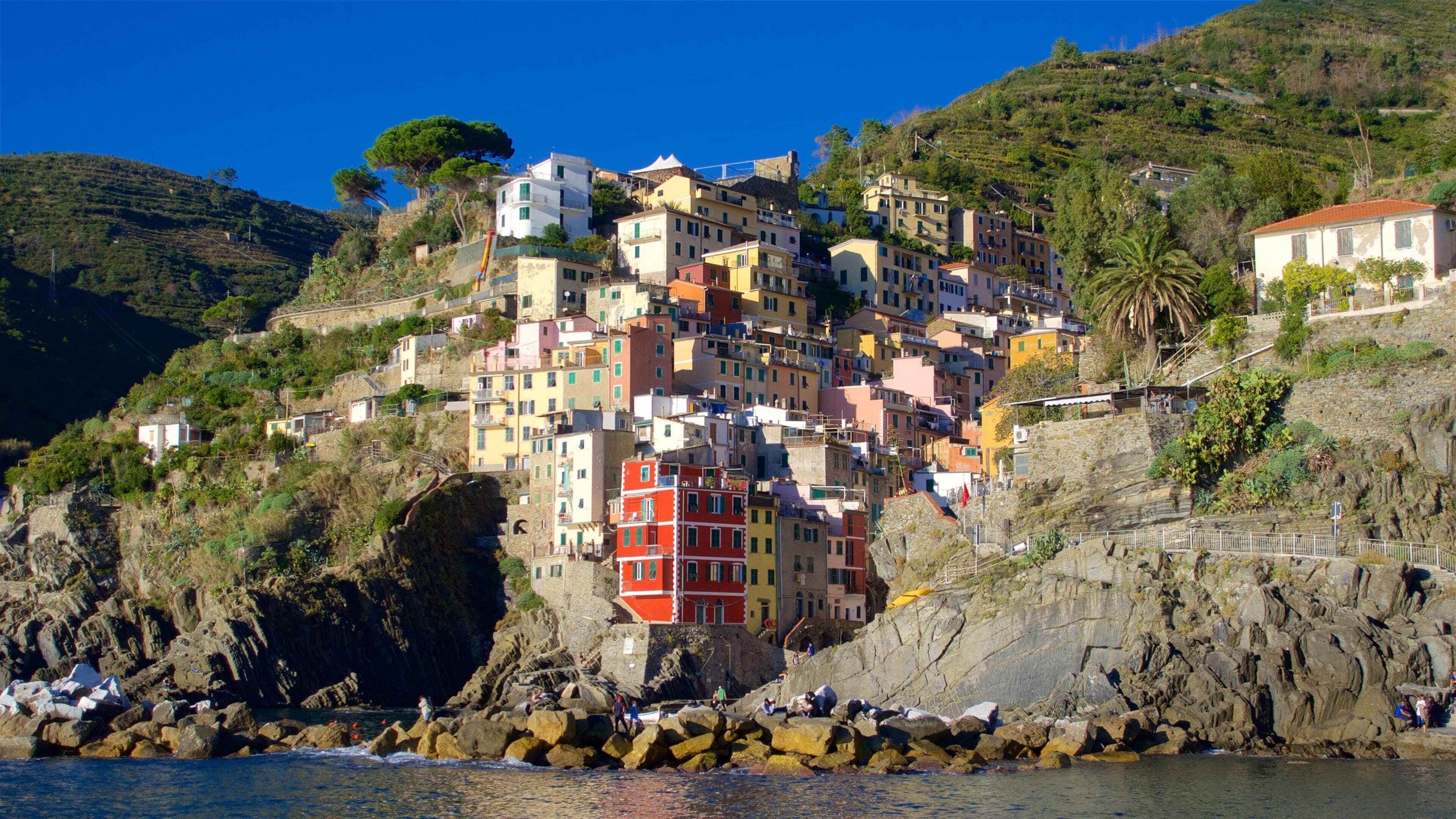 A coastal village with colorful buildings perched on a rocky hillside.