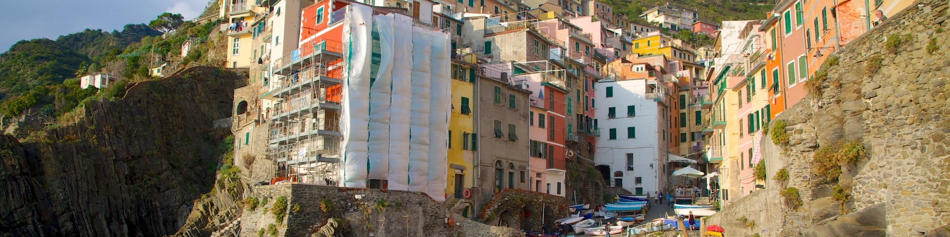 Riomaggiore ofreciendo una ciudad costera y costa rocosa