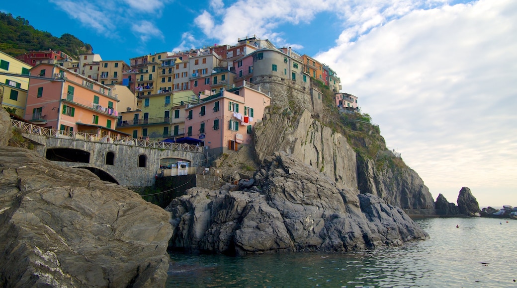 Manarola featuring heritage architecture, a coastal town and rocky coastline