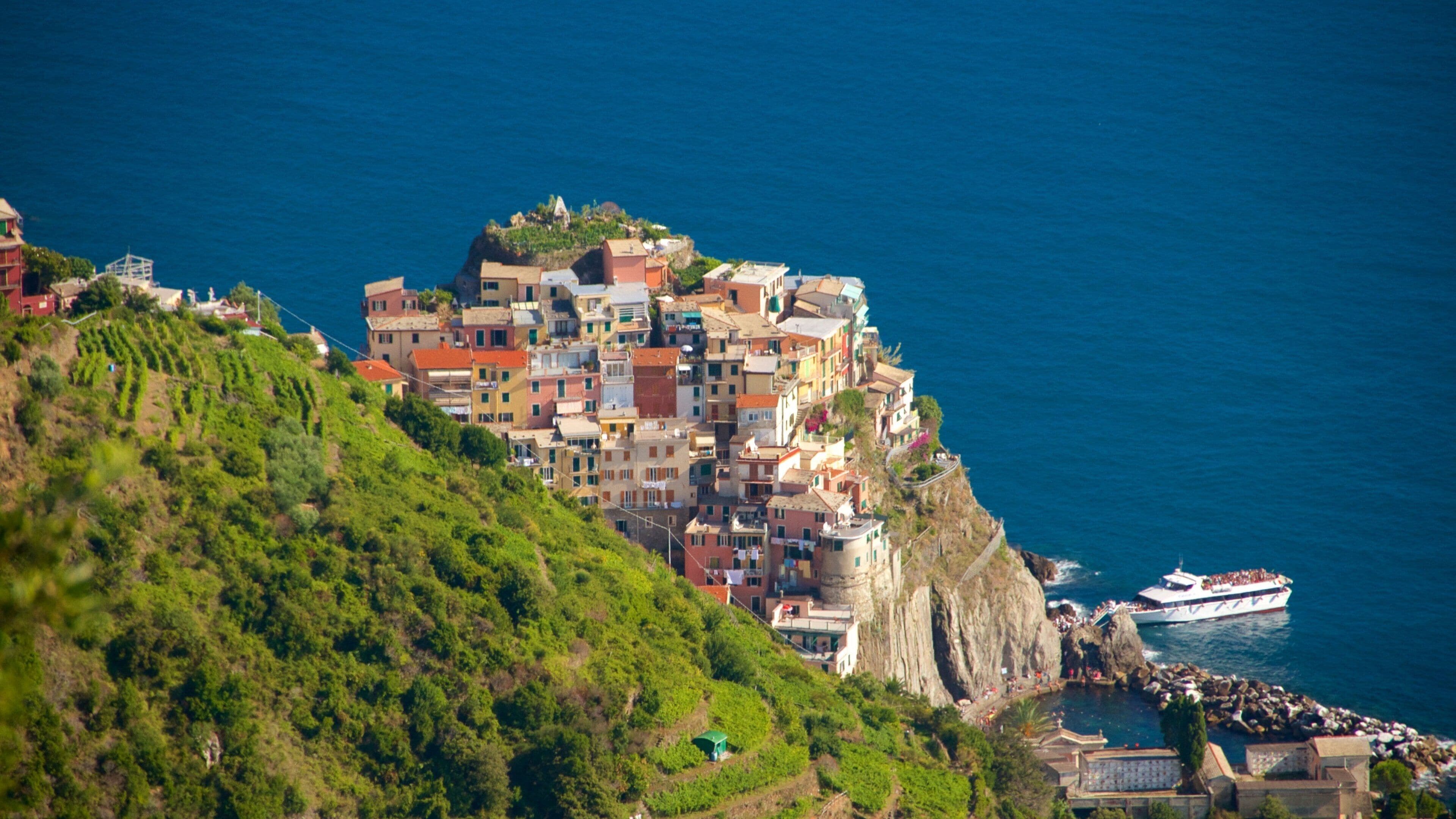 Manarola mettant en vedette paysages côtiers, rochers au bord de la mer et une ville côtière
