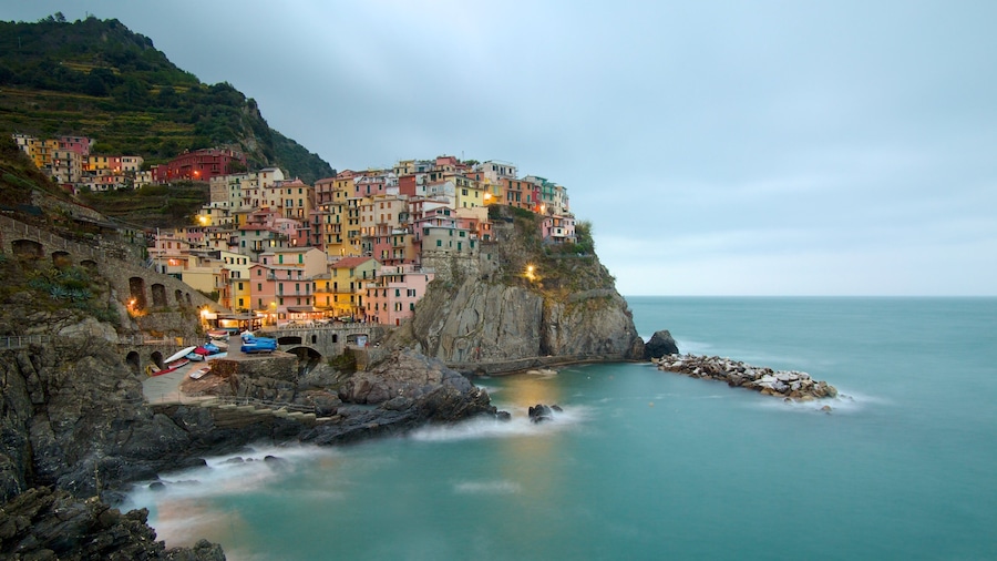 Manarola showing rugged coastline, night scenes and a coastal town