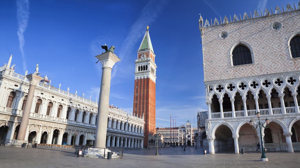 The Piazza San Marco in Venice, featuring the Campanile di San Marco, the Doge's Palace, and the Palazzo Ducale.