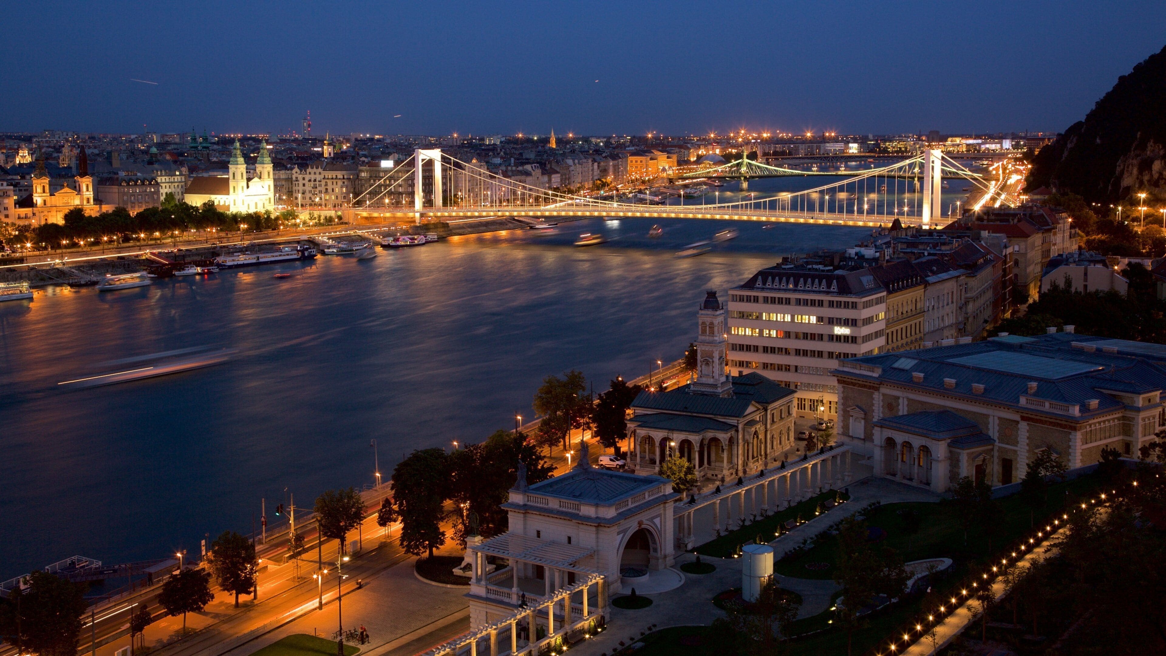 Budapest showing a city, night scenes and a river or creek