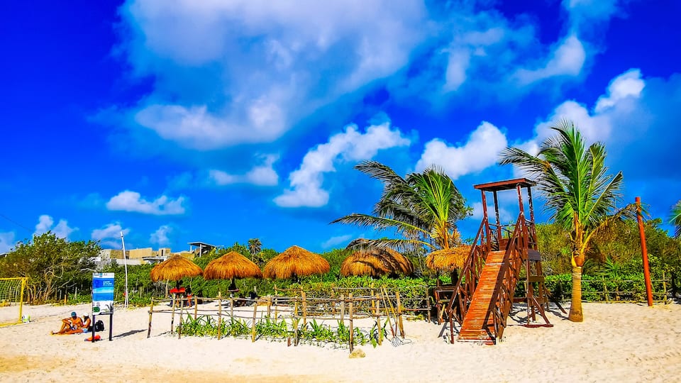 A beach with thatched umbrellas, palm trees, and a wooden structure.