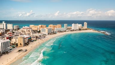 A coastal cityscape with a beach, hotels, and a clear blue sea.