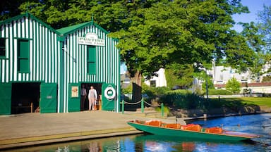 A green and white striped building labeled "Punting in the Park" with a dock and a green boat.