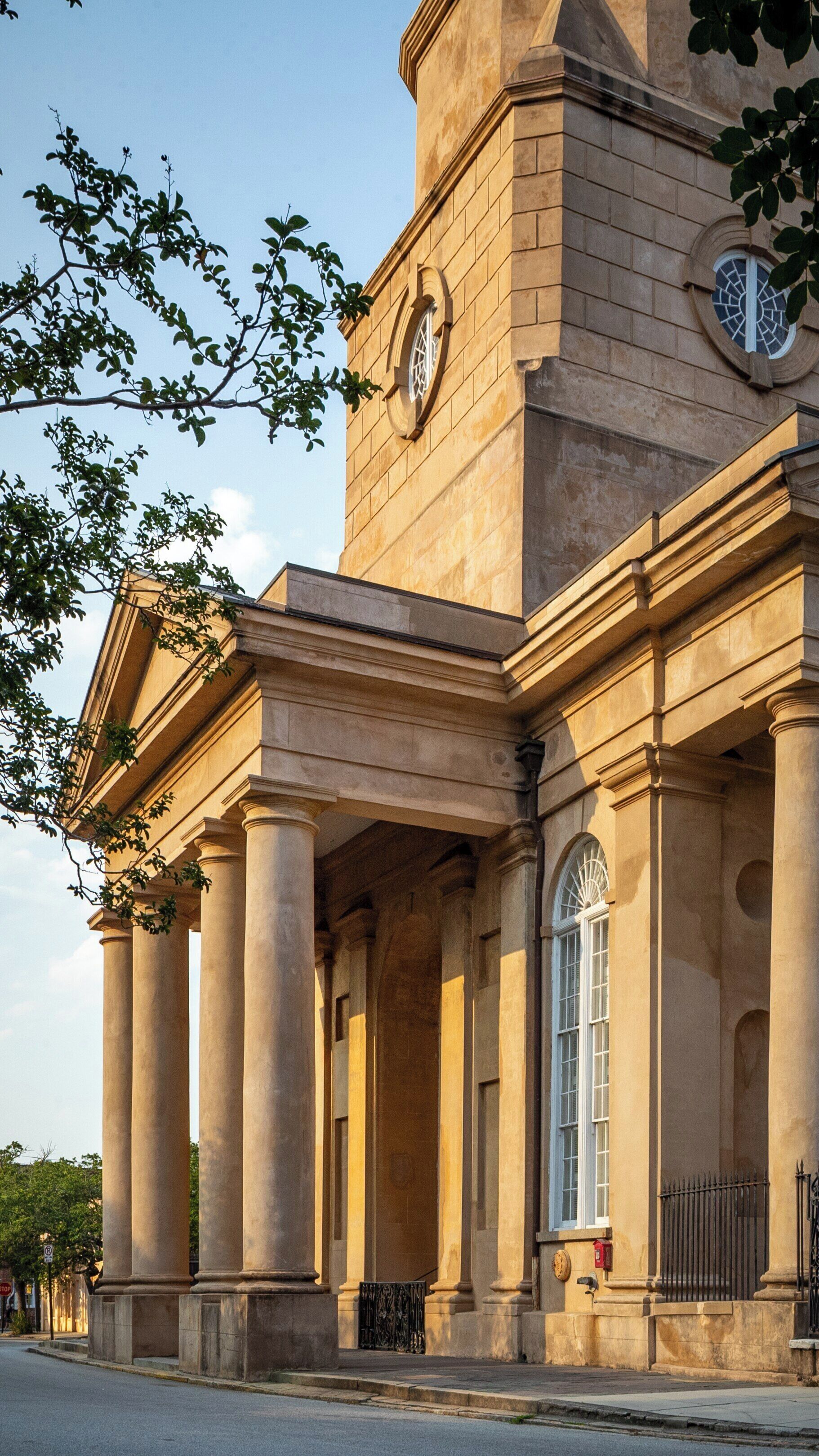 St. Philip's Church stands majestically in the Charleston Historic District, showcasing its architectural beauty against the evening sky in South Carolina