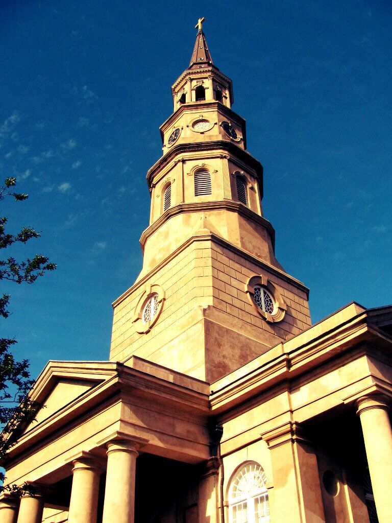 One of prettiest churches in downtown Charleston.  The bells that were once housed in the steeple were melted down into cannons, with the promise that once the Civil War was over they would be replaced.  It would be nearly 100 years before the bells were replaced.  Only four of eleven were actually replaced.  Also during the Civil War the steeple was used as a target by Yankees, causing much damage to the steeple and church.  Blessedly, the church has survived and still present in Charleston to show pride and resilience in the face of adversary.  