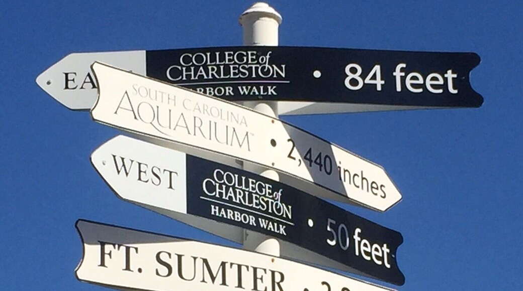 Road sign to places around the world from the aquarium in Charleston, SC!