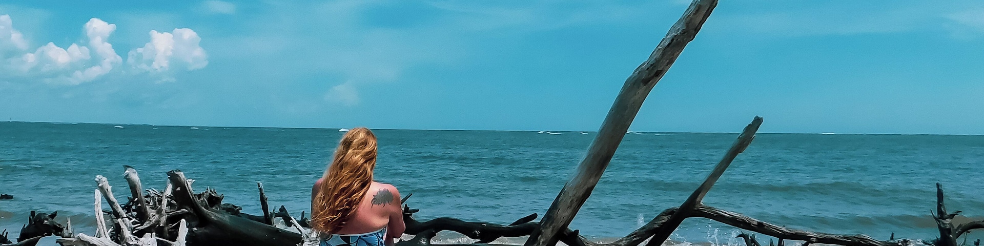 A woman sitting on a beach with driftwood and the ocean in the background.