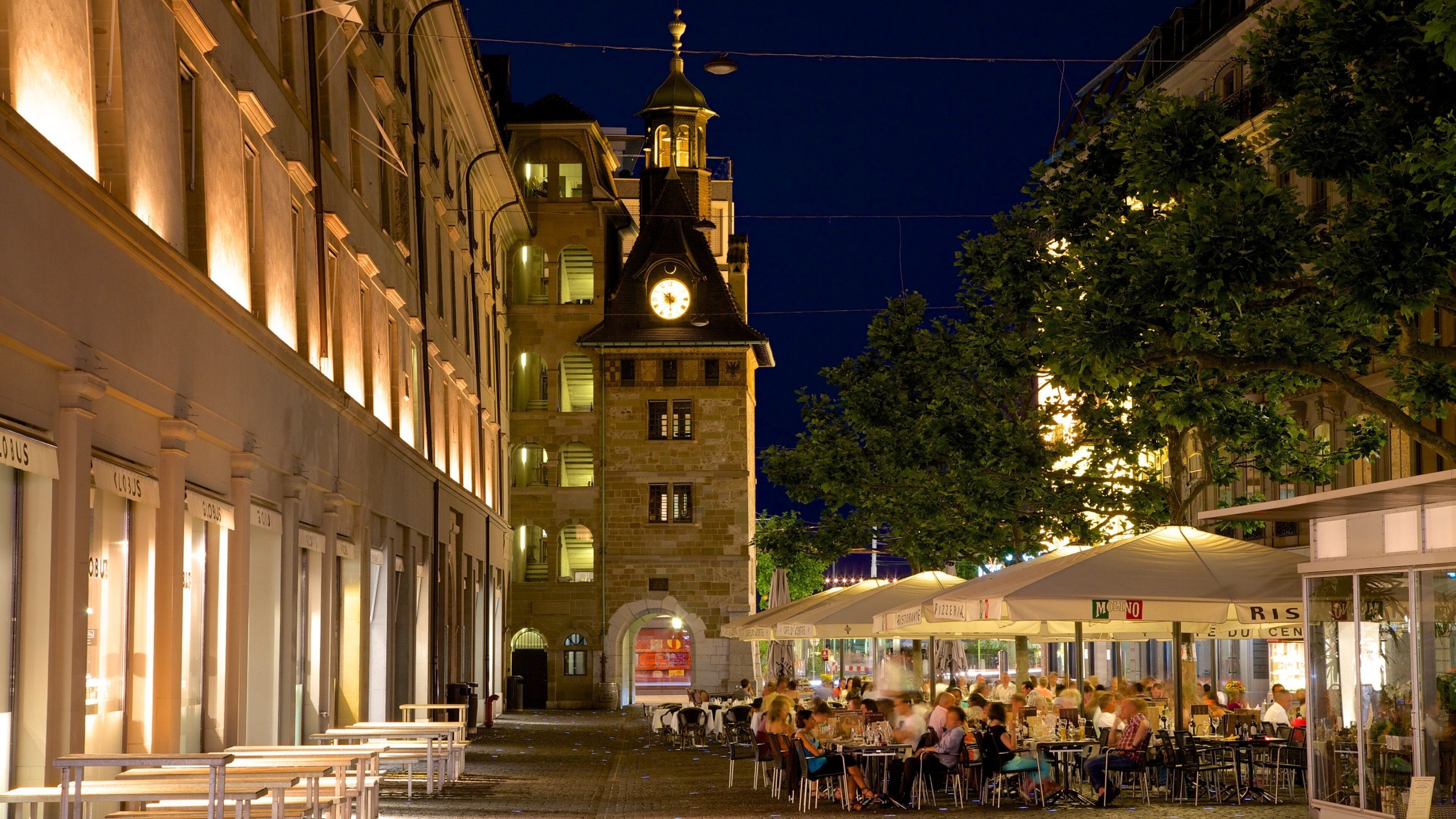 Genf mit einem bei Nacht, Restaurants und Lokale und Straßenszenen