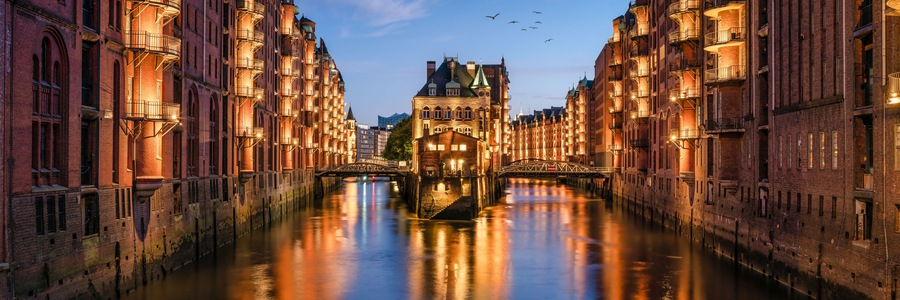 Speicherstadt panorama in Hamburg, Germany