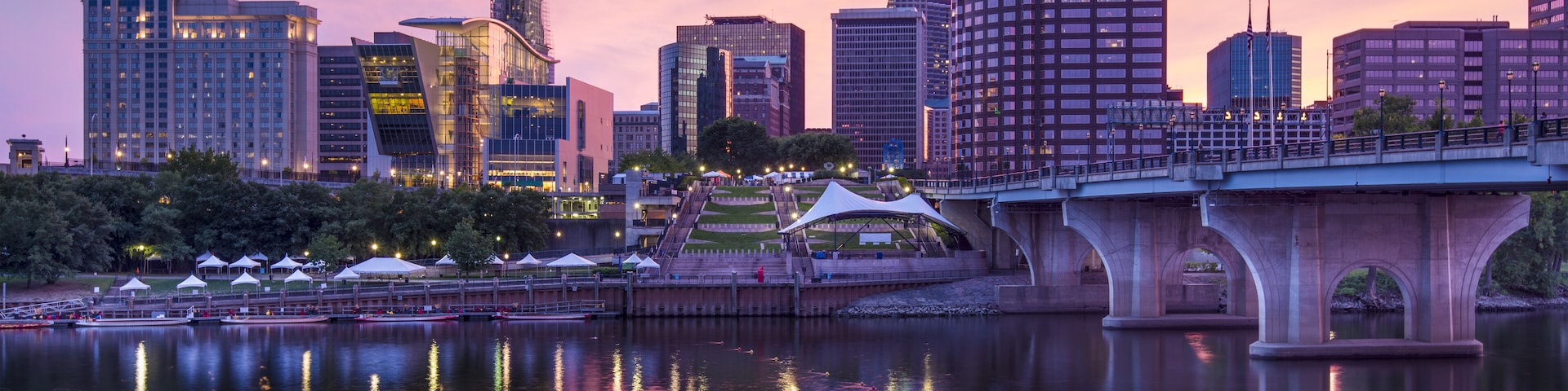 The skyline of downtown Hartford, Connecticut at dusk from across the Connecticut River.