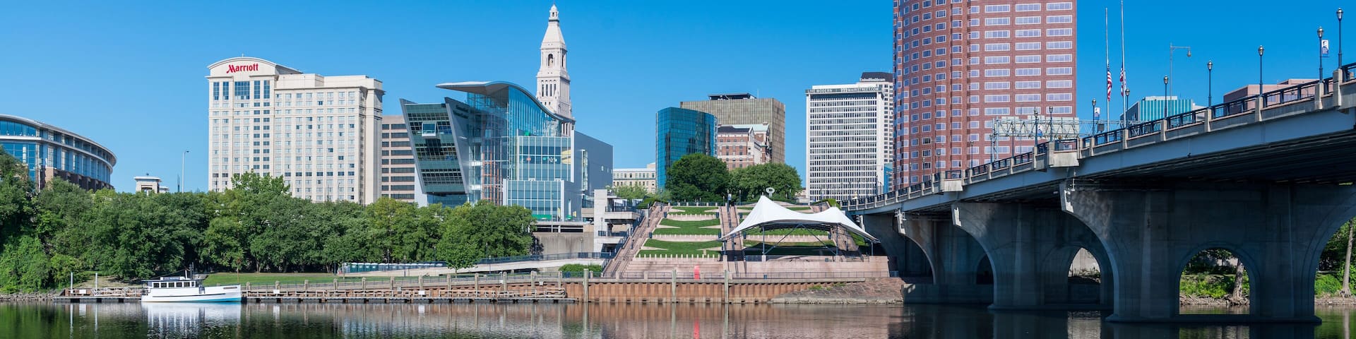 Downtown Hartford and the Connecticut River from Great River Park in East Hartford, Connecticut on July 23, 2015