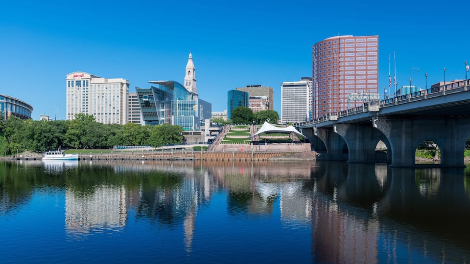 Downtown Hartford and the Connecticut River from Great River Park in East Hartford, Connecticut on July 23, 2015
