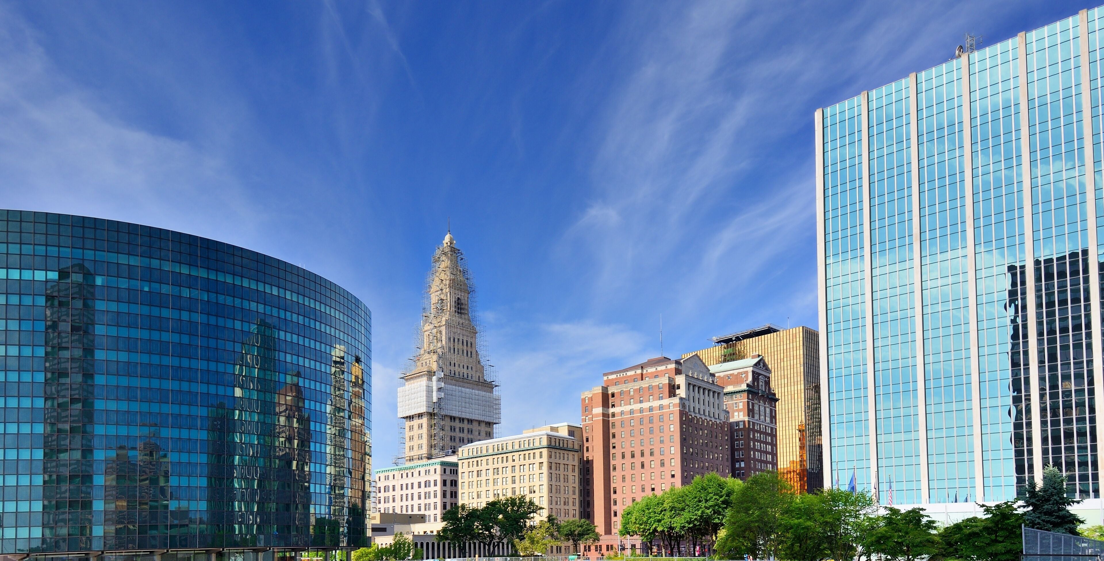 The skyline of downtown Hartford, Connecticut at dusk from across the Connecticut River.