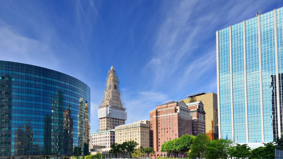 The skyline of downtown Hartford, Connecticut at dusk from across the Connecticut River.