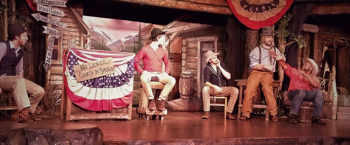 Dinner and a show...
Singing Cast members are your waitress and waiter's.  
Great old west saloon and playhouse.
Check this out when you are breezing through Jackson, lots of fun..