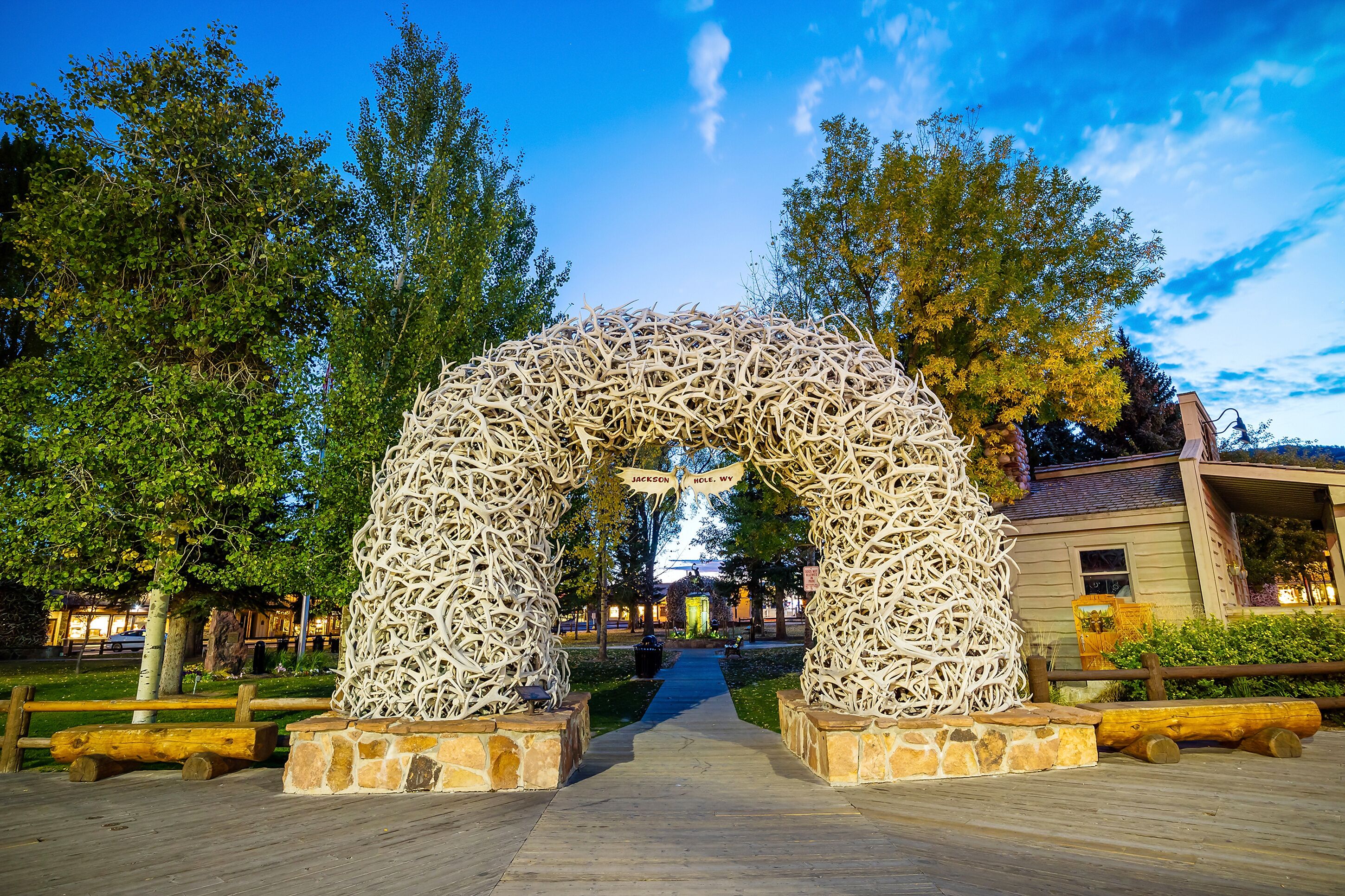An arched structure made of intertwined branches at a park entrance.
