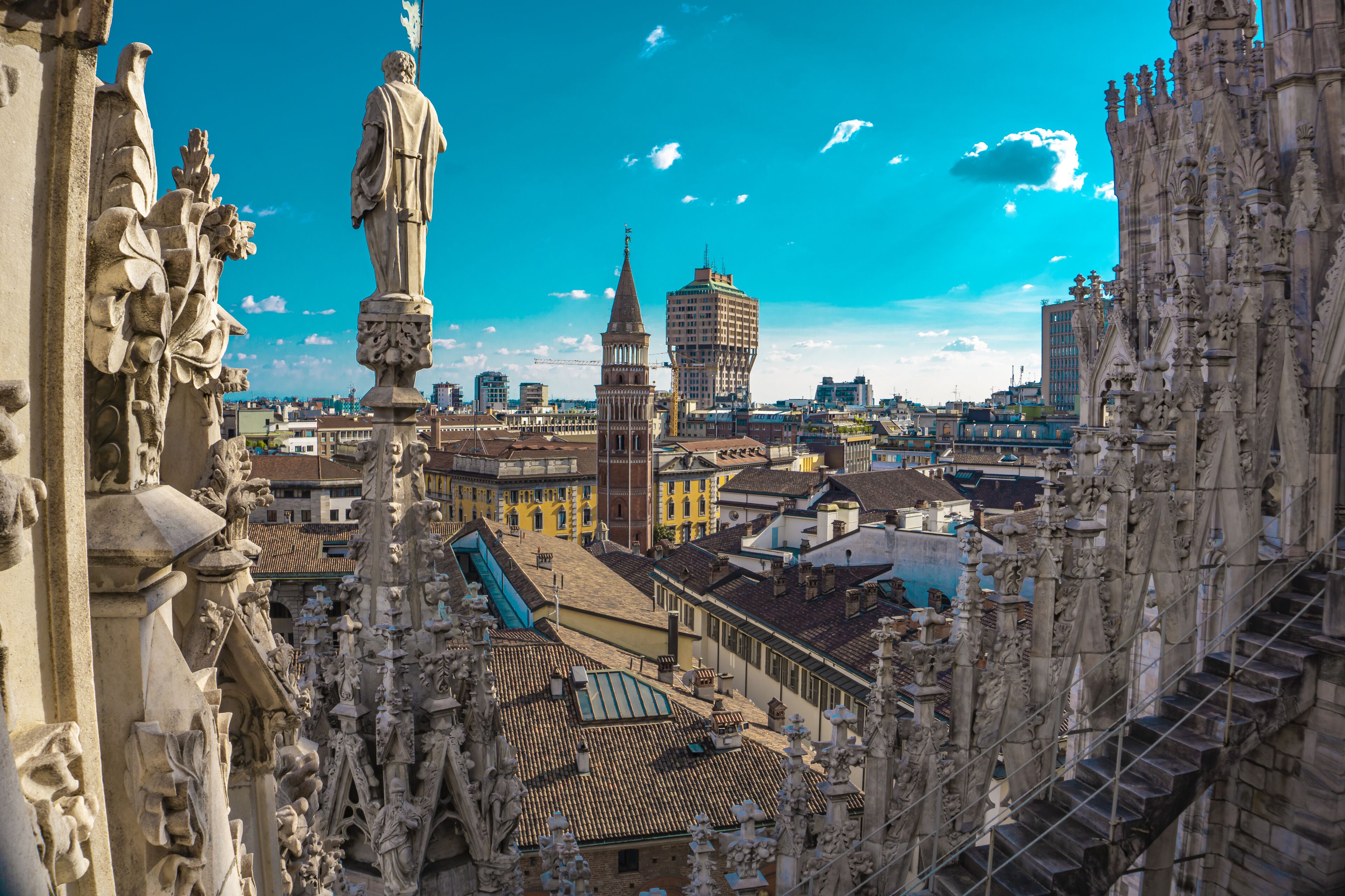 Panoramic view of the skyline of the city seen from the terraces of Milan Cathedral in Italy