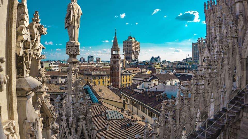 Panoramic view of the skyline of the city seen from the terraces of Milan Cathedral in Italy