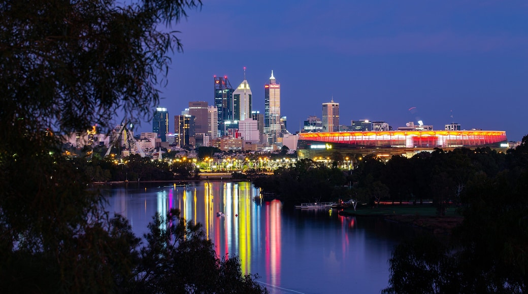 Perth showing night scenes, a bay or harbor and a city