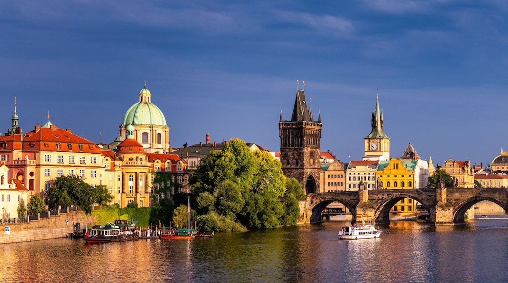 A historic bridge over a river with a cityscape in the background.