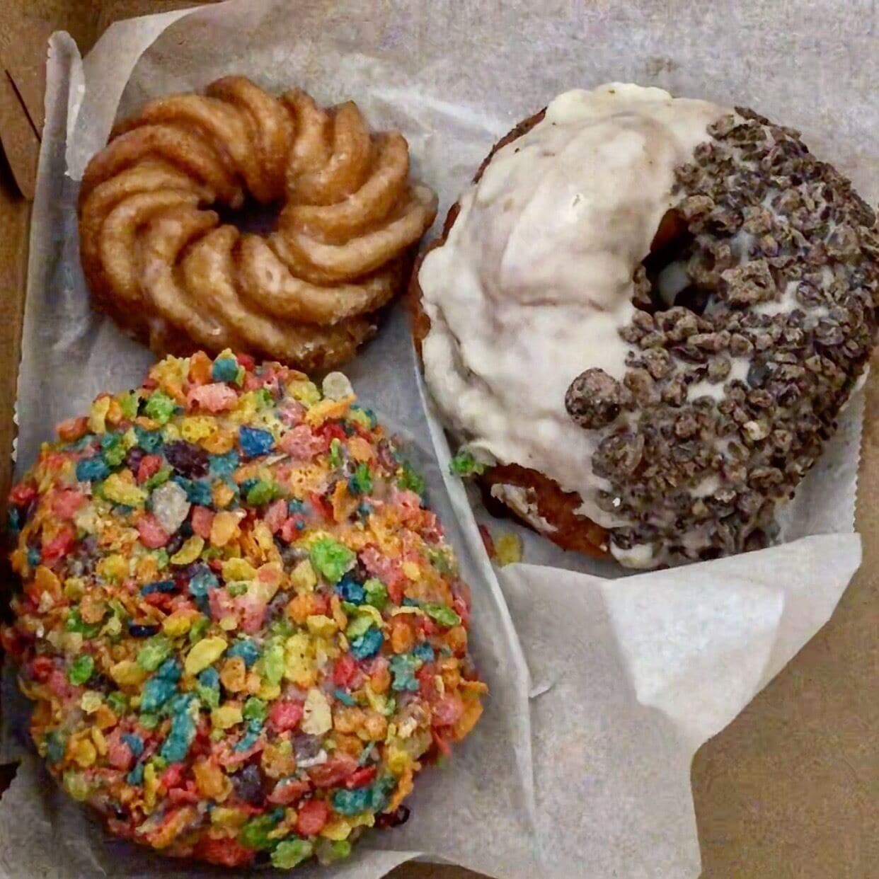 My haul from #pvdonuts in Providence. They use brioche dough for the donuts and they come out HUGE but also light and fluffy. Also, that Cruller is maybe the best I’ve ever had.