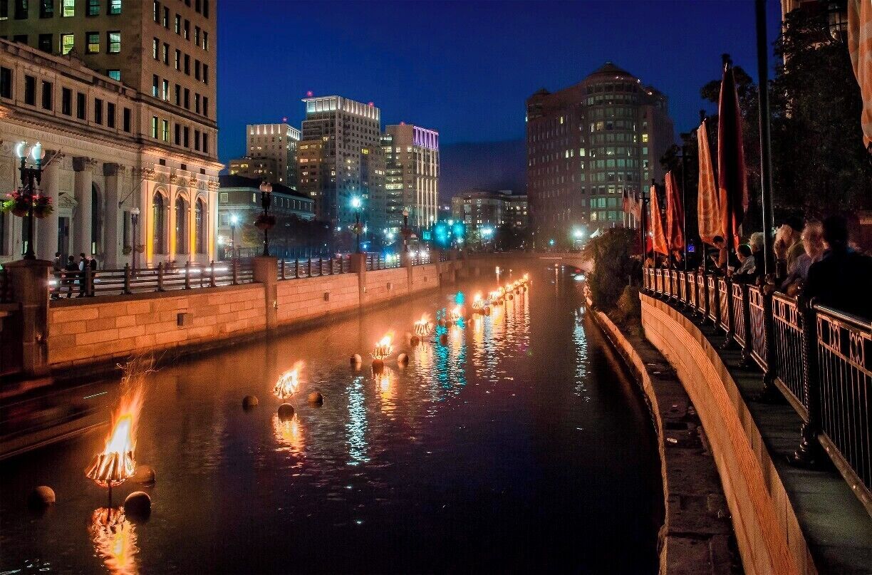 View up the Providence River towards Waterplace and the Basin. This is during a Waterfire celebration in September 2013. 

