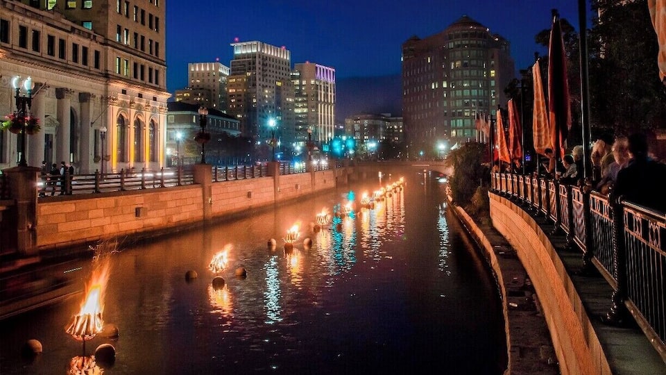 View up the Providence River towards Waterplace and the Basin. This is during a Waterfire celebration in September 2013.